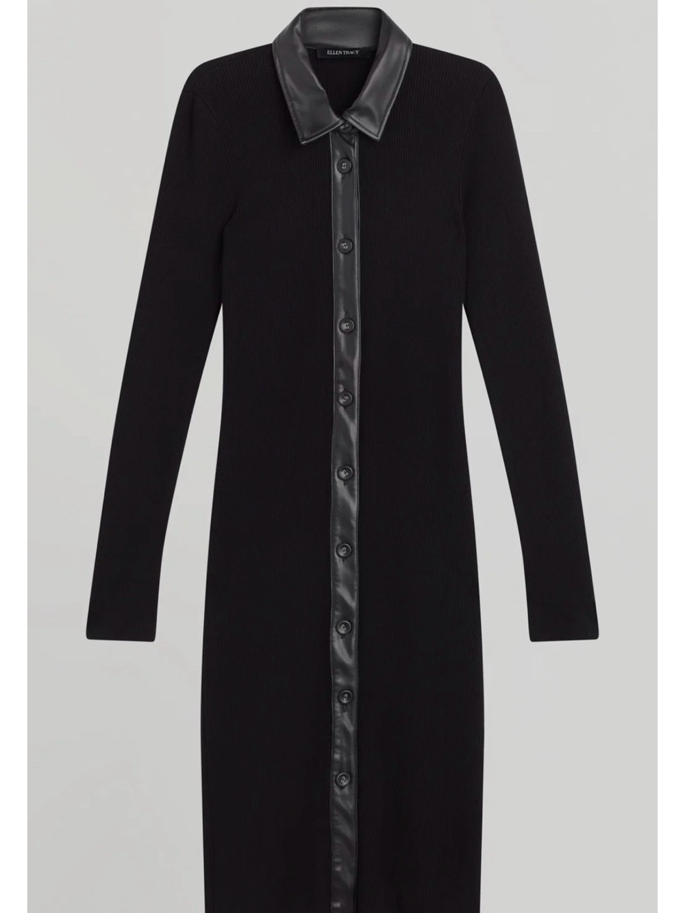 Ellen Tracy Black Long-Sleeve Button-Front Knit Dress Faux-Leather Trim. Large